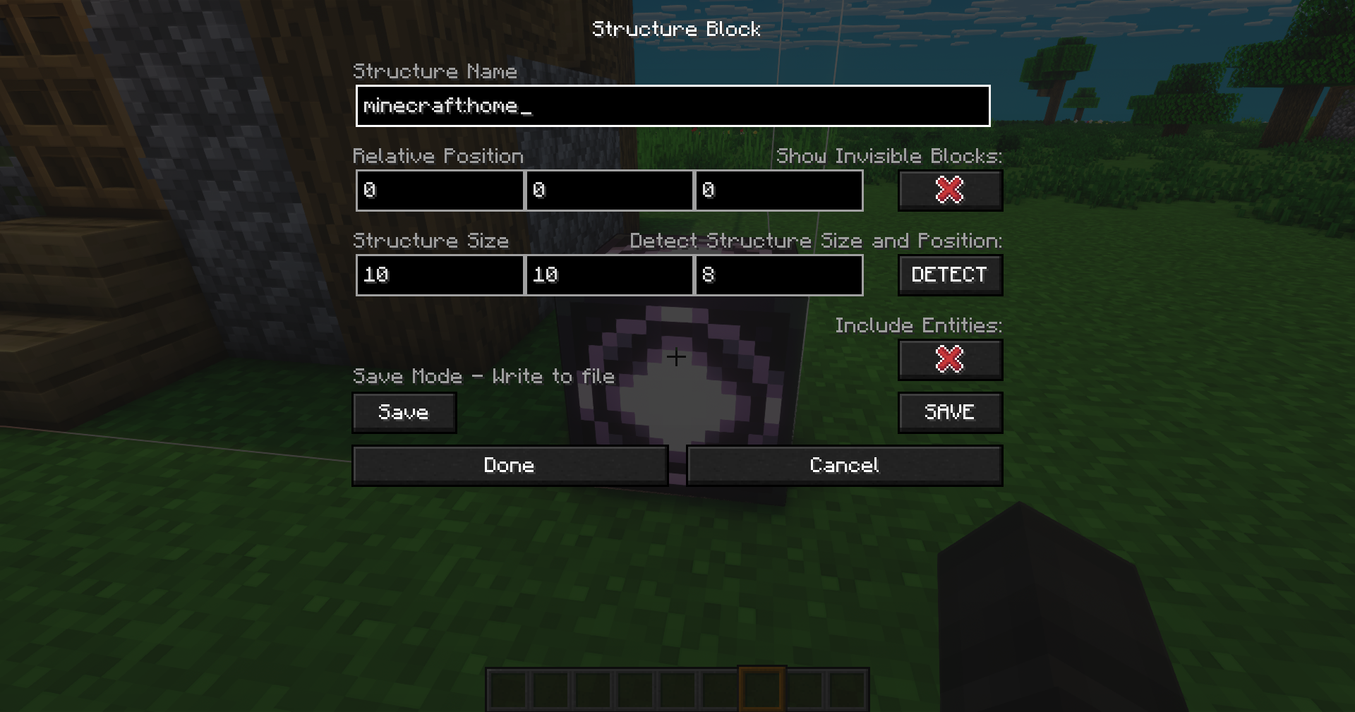 The Structure Block save interface in Minecraft.